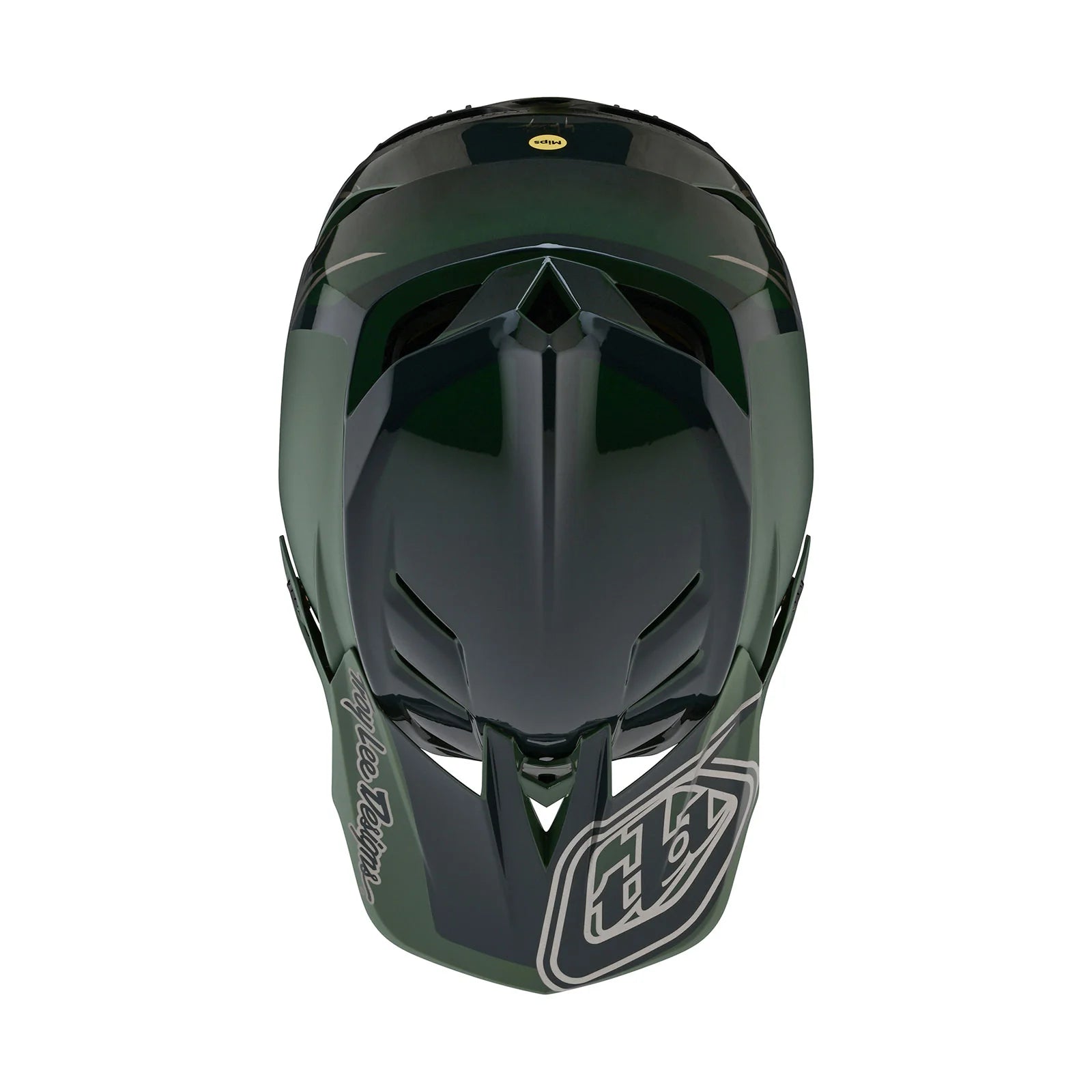 A TLD D4 AS Polyacrylite Helmet W/MIPS Shadow Olive with a black and green design on a white background.