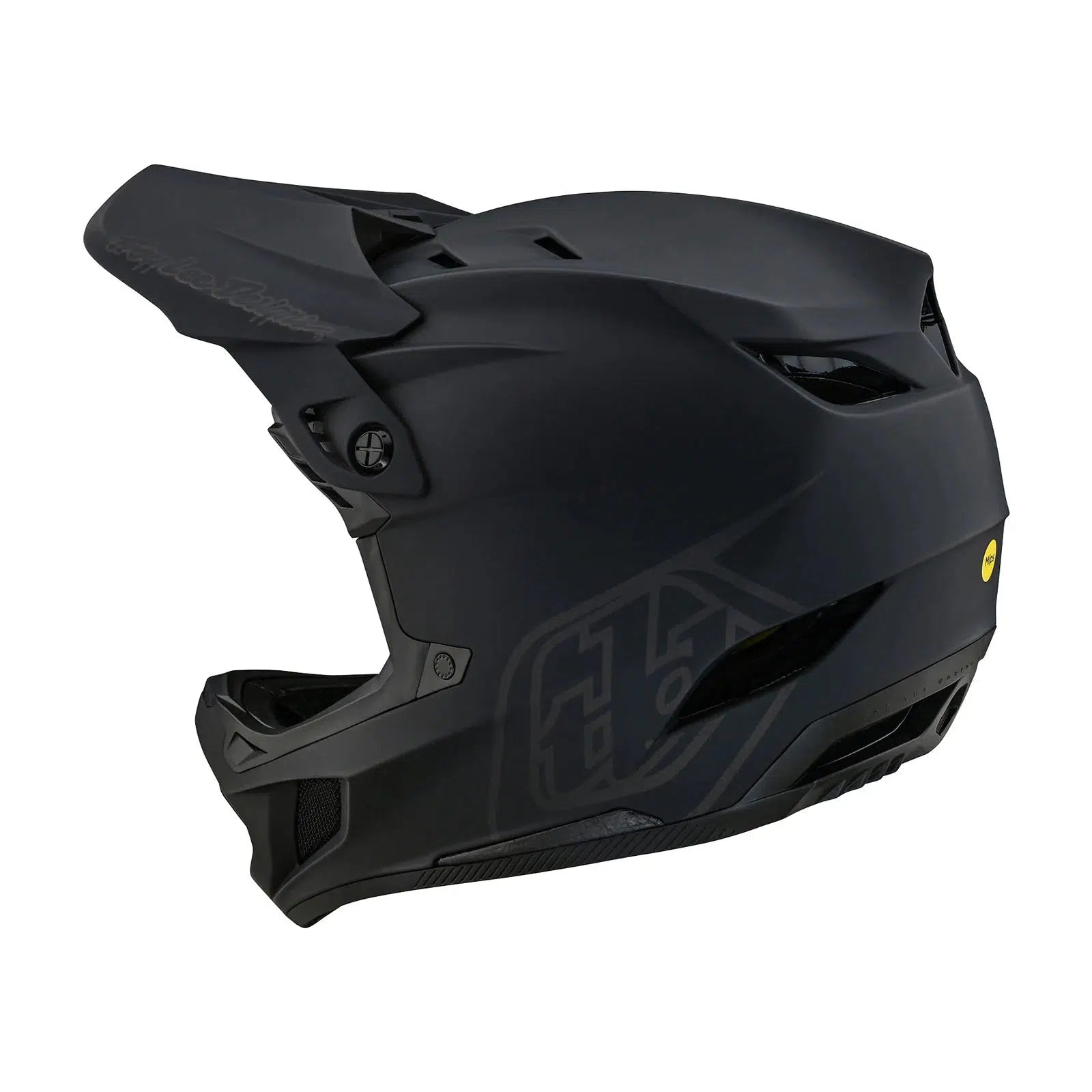 A TLD D4 AS Polyacrylite Helmet W/MIPS Stealth Black on a white background.