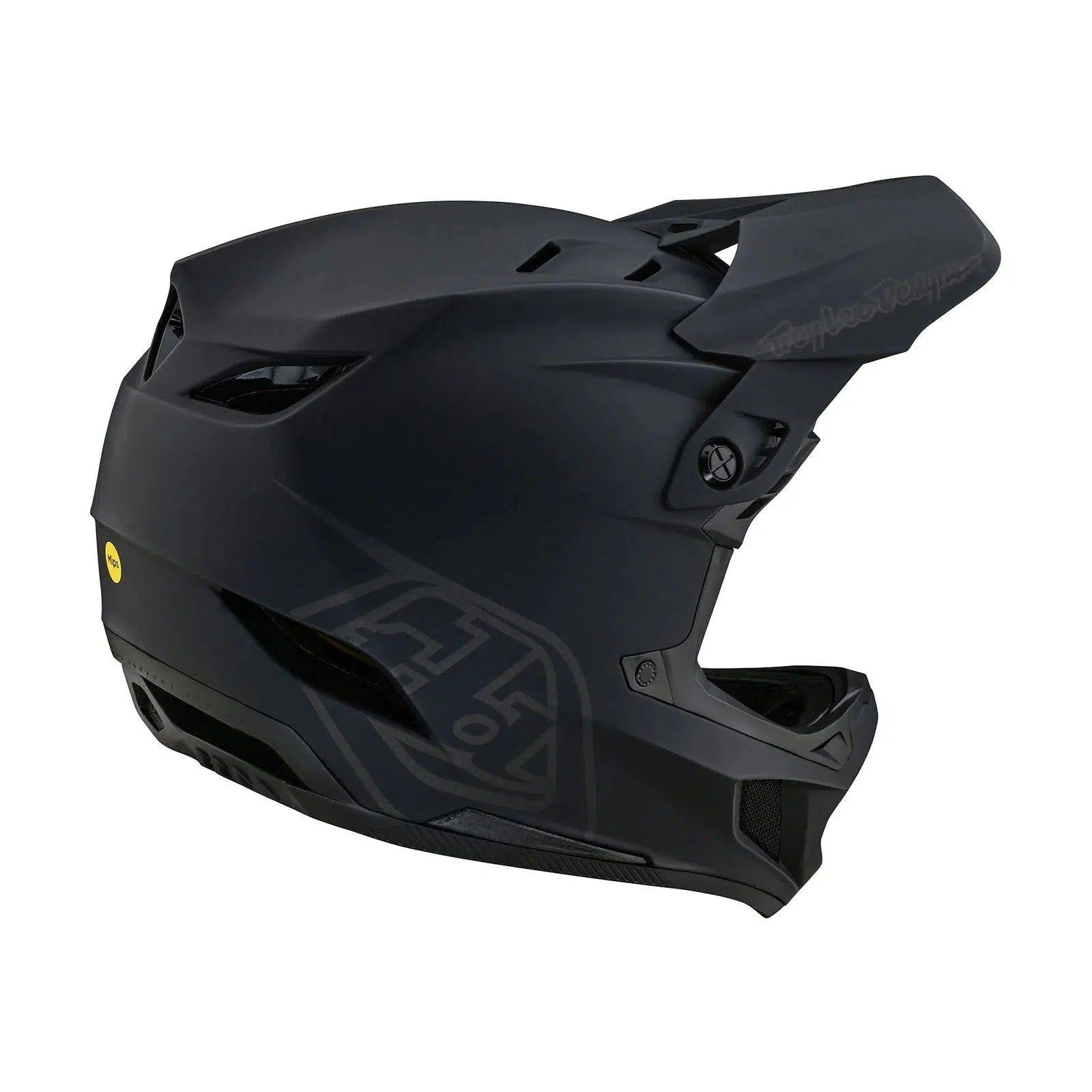 A TLD D4 AS Polyacrylite Helmet W/MIPS Stealth Black by Troy Lee Designs is shown on a white background.