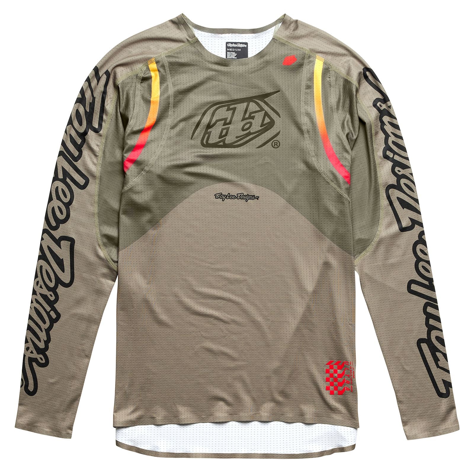 A long sleeved shirt with a black background, designed for BMX racing gear by TLD Sprint Ultra Jersey Pinned Olive.