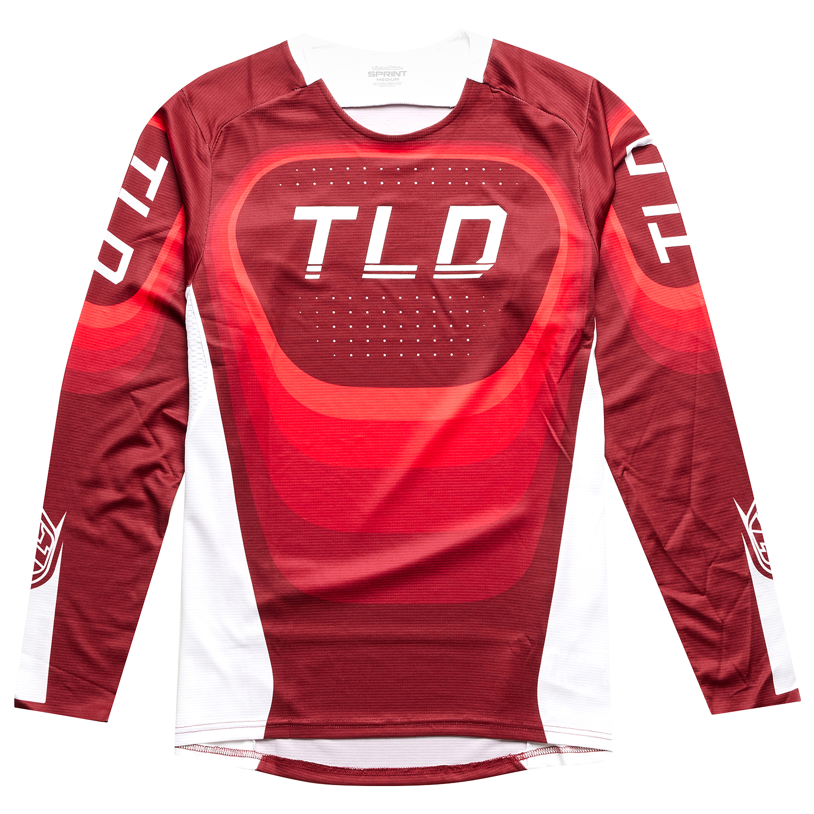 A red and white TLD Sprint Jersey Reverb Race Red BMX race jersey with the word tld on it.
