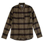 The TLD 24.2 Grind Flannel Shirt, featuring green and brown tech-plaid, long sleeves, a collar, and a chest pocket, is laid flat on a white background.