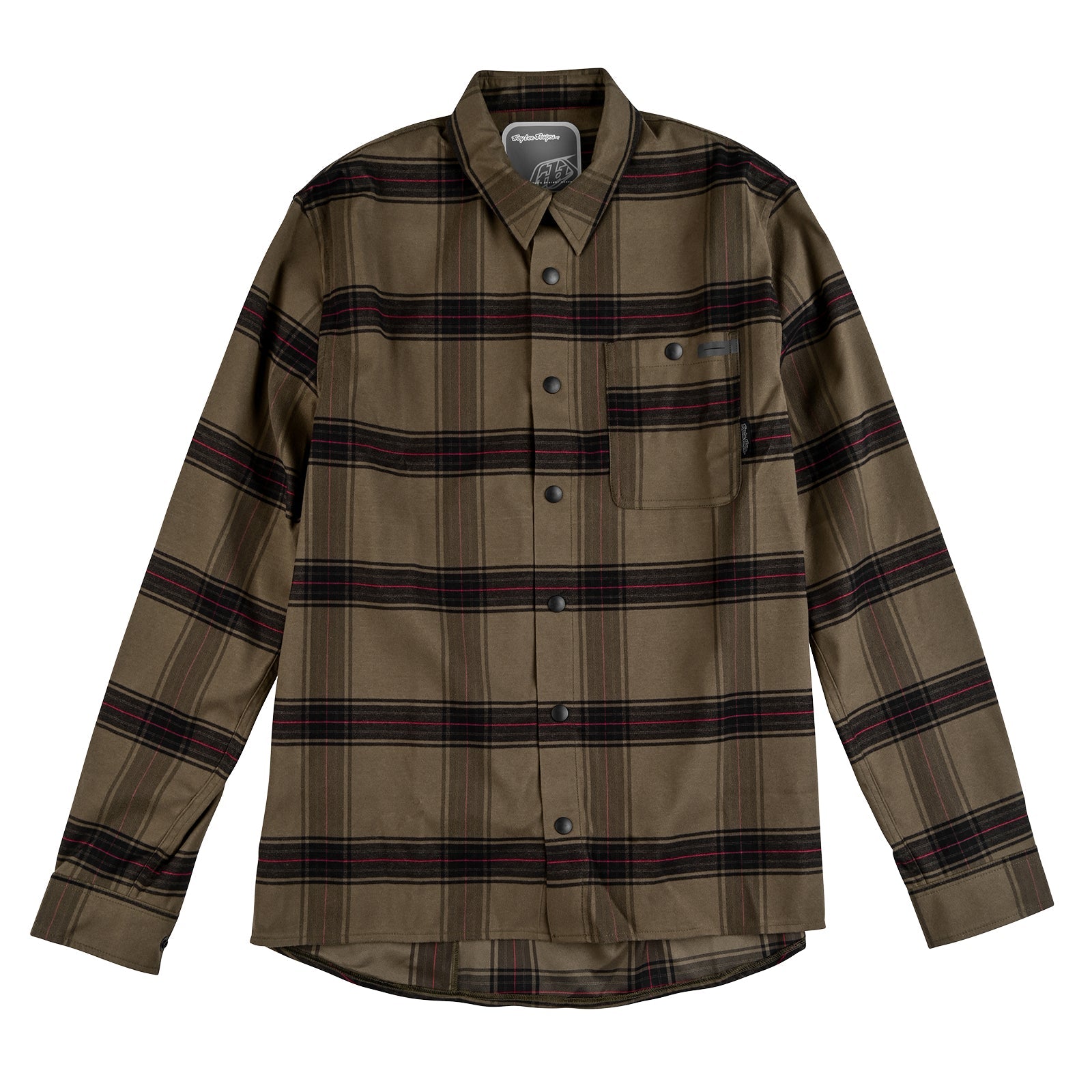 The TLD 24.2 Grind Flannel Shirt, featuring green and brown tech-plaid, long sleeves, a collar, and a chest pocket, is laid flat on a white background.