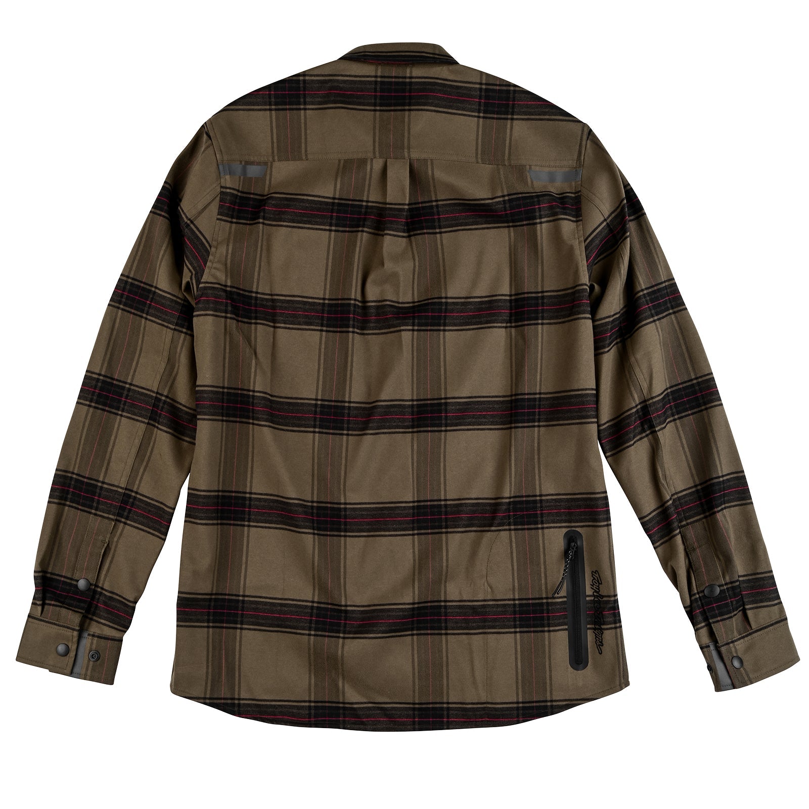 The TLD 24.2 Grind Flannel Shirt displays a back view of its long-sleeve, olive green tech-plaid design, complete with buttoned cuffs and a zippered pocket on the lower right side. It is crafted from quick-dry performance material perfect for an active lifestyle.