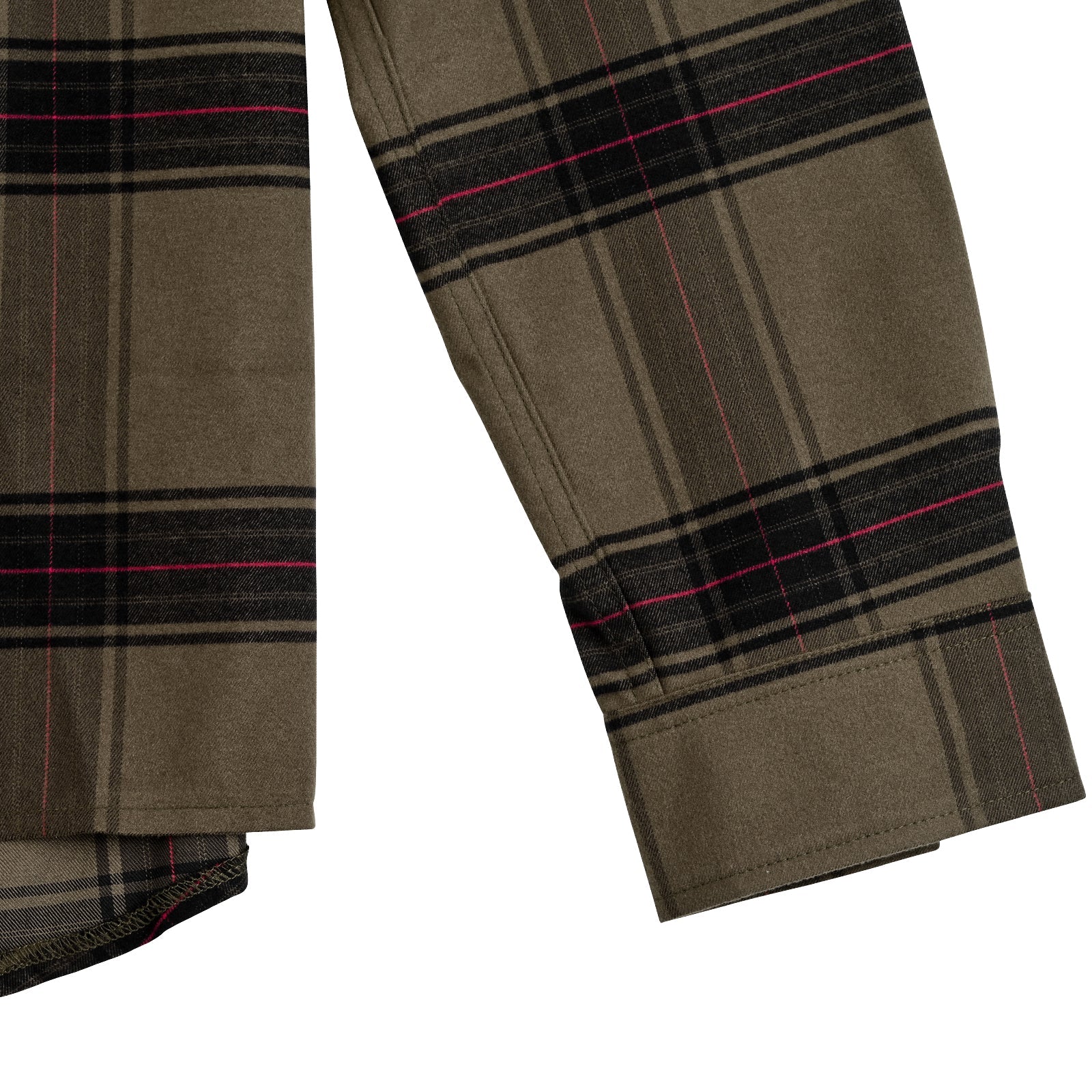 The TLD 24.2 Grind Flannel Shirt in olive green tech-plaid features black and red stripes, with a glimpse of the sleeve and cuff; designed for quick dry performance.