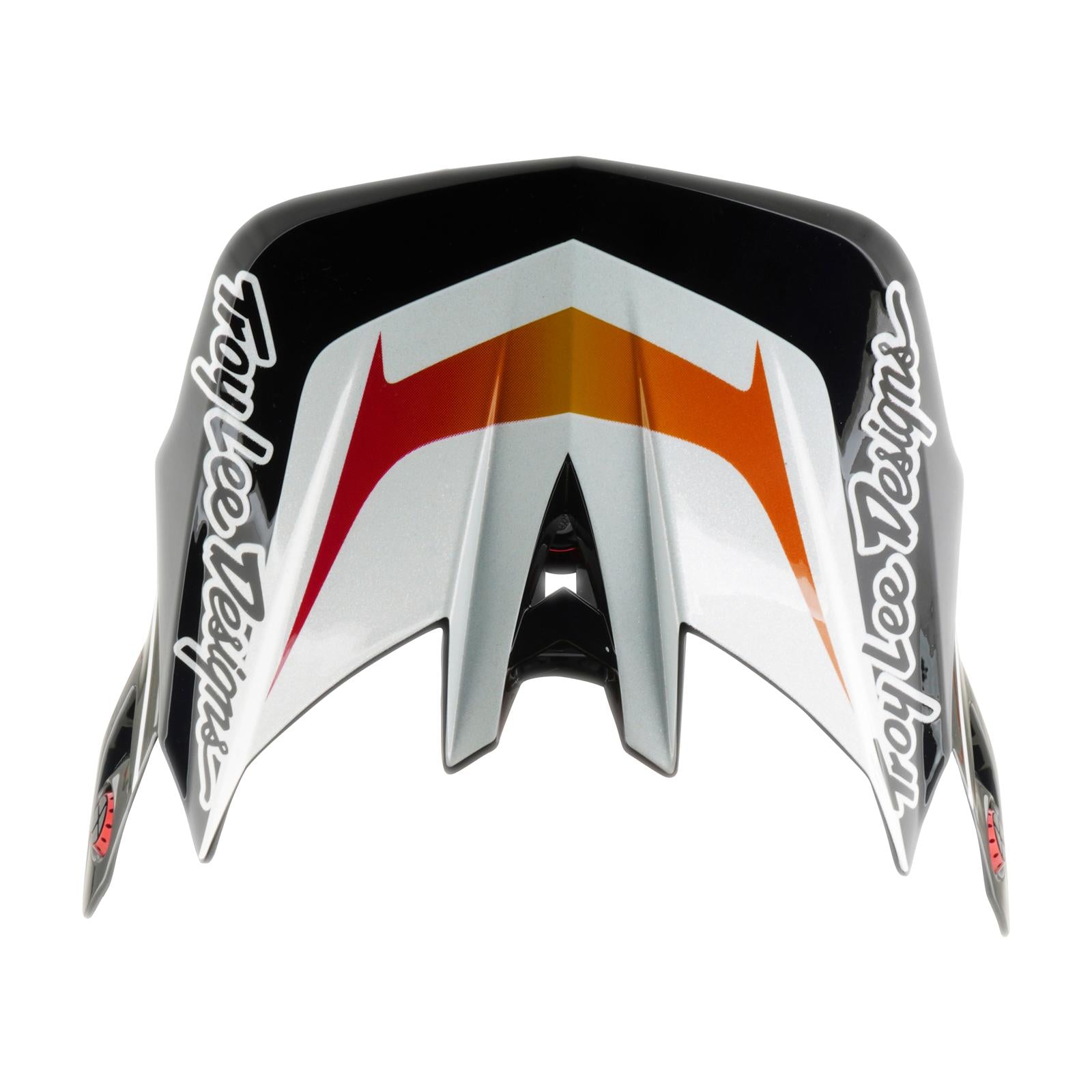 A top view of a black, white, and orange TLD 26.1 D4 AS Composite Helmet visor with "Troy Lee Designs" logos on both sides, made to fit helmets featuring the Mips protection system. Product color: Lined Up White.