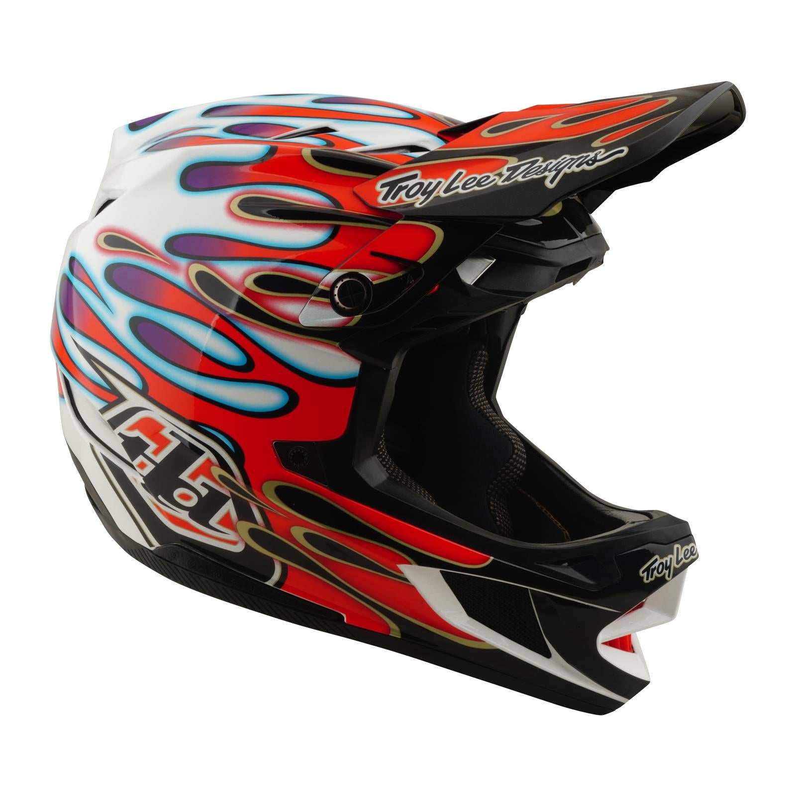 The TLD 26.1 D4 AS Composite Helmet in Overspray White/Red is a full-face BMX helmet with red, blue, and yellow flame graphics, visor, Troy Lee Designs logos, and advanced Mips protection for enhanced safety.