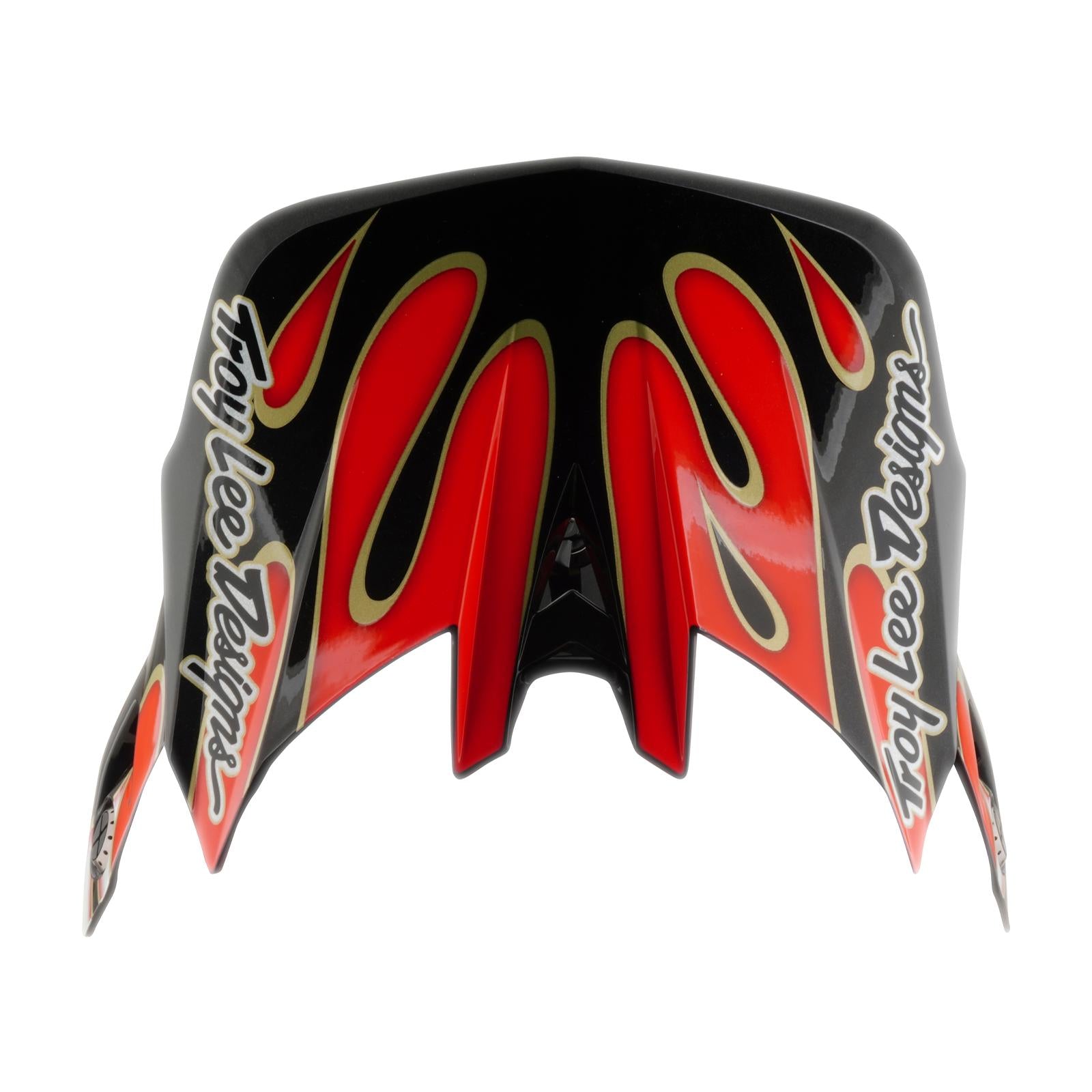 The TLD 26.1 D4 AS Composite Helmet visor features red and yellow flame graphics with "Troy Lee Designs" logos on both sides, shown from the front on a white background.