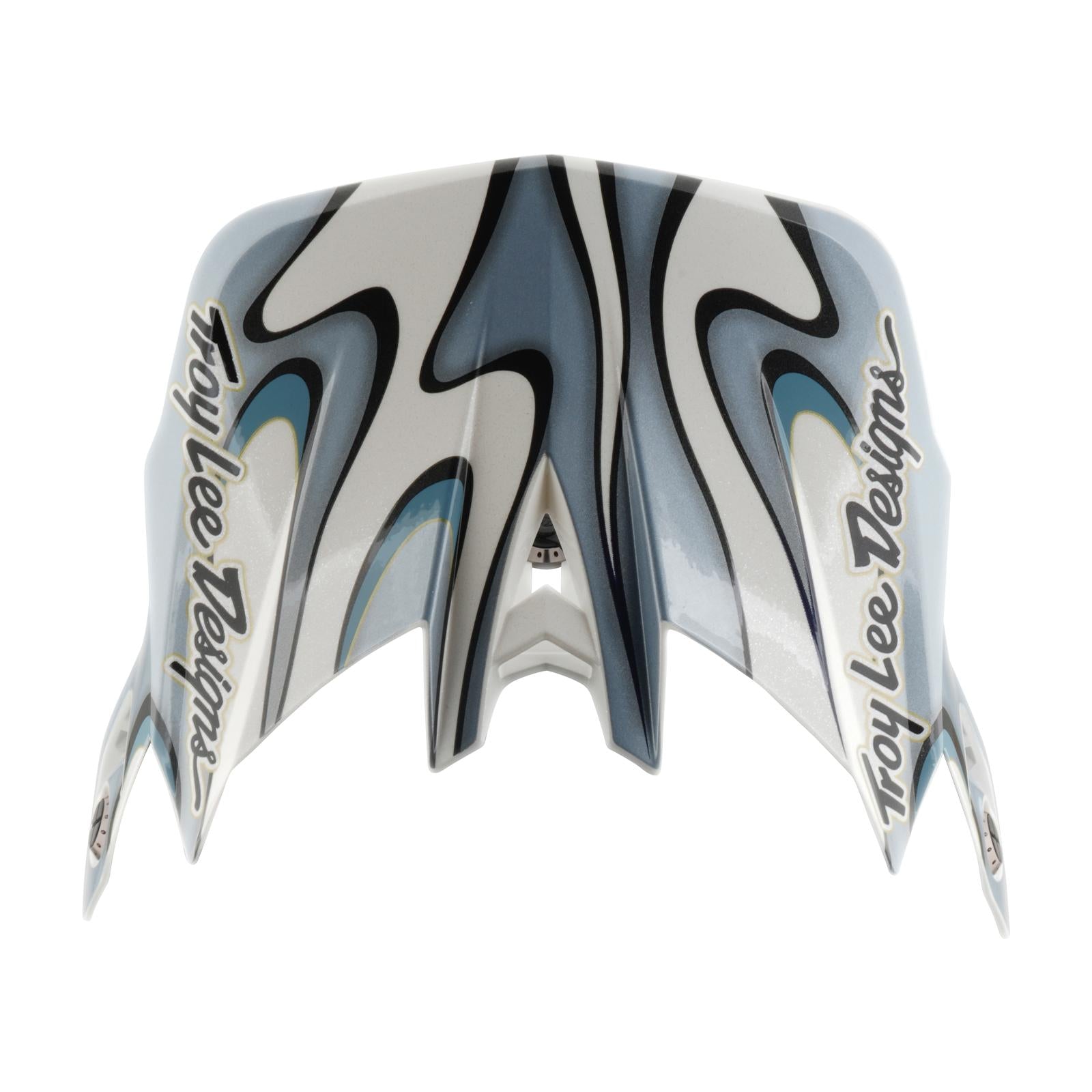 The TLD 26.1 D4 AS Composite Helmet in Torched White/Silver features a striking swirl visor with "Troy Lee Designs" logos, perfect for BMX or downhill riding and compatible with Mips protection systems.