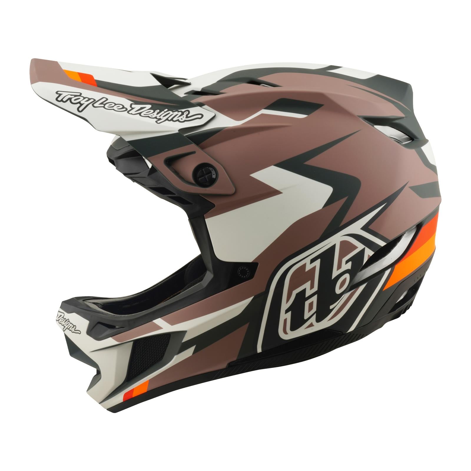 The TLD 26.1 D4 AS Polyacrylite Helmet / Roamer Clay is a brown, black, and white full-face helmet with angular graphics, orange accents, a visor, side logo—ideal for mountain biking and features Mips brain protection for safety.