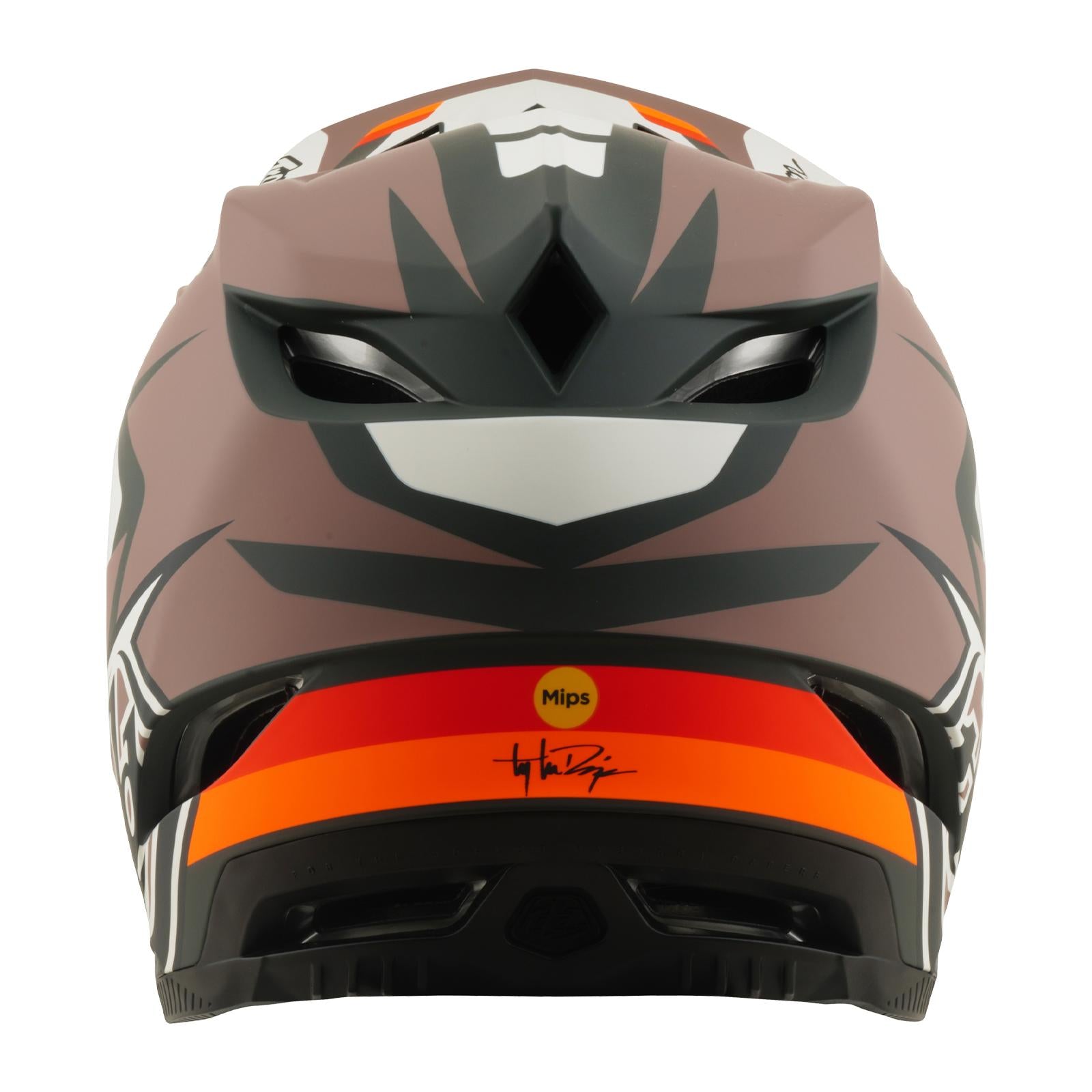 Rear view of the TLD 26.1 D4 AS Polyacrylite Helmet / Roamer Clay in brown and black with a white skull design, orange stripe, Mips brain protection logo, and signature—crafted for mountain biking enthusiasts.