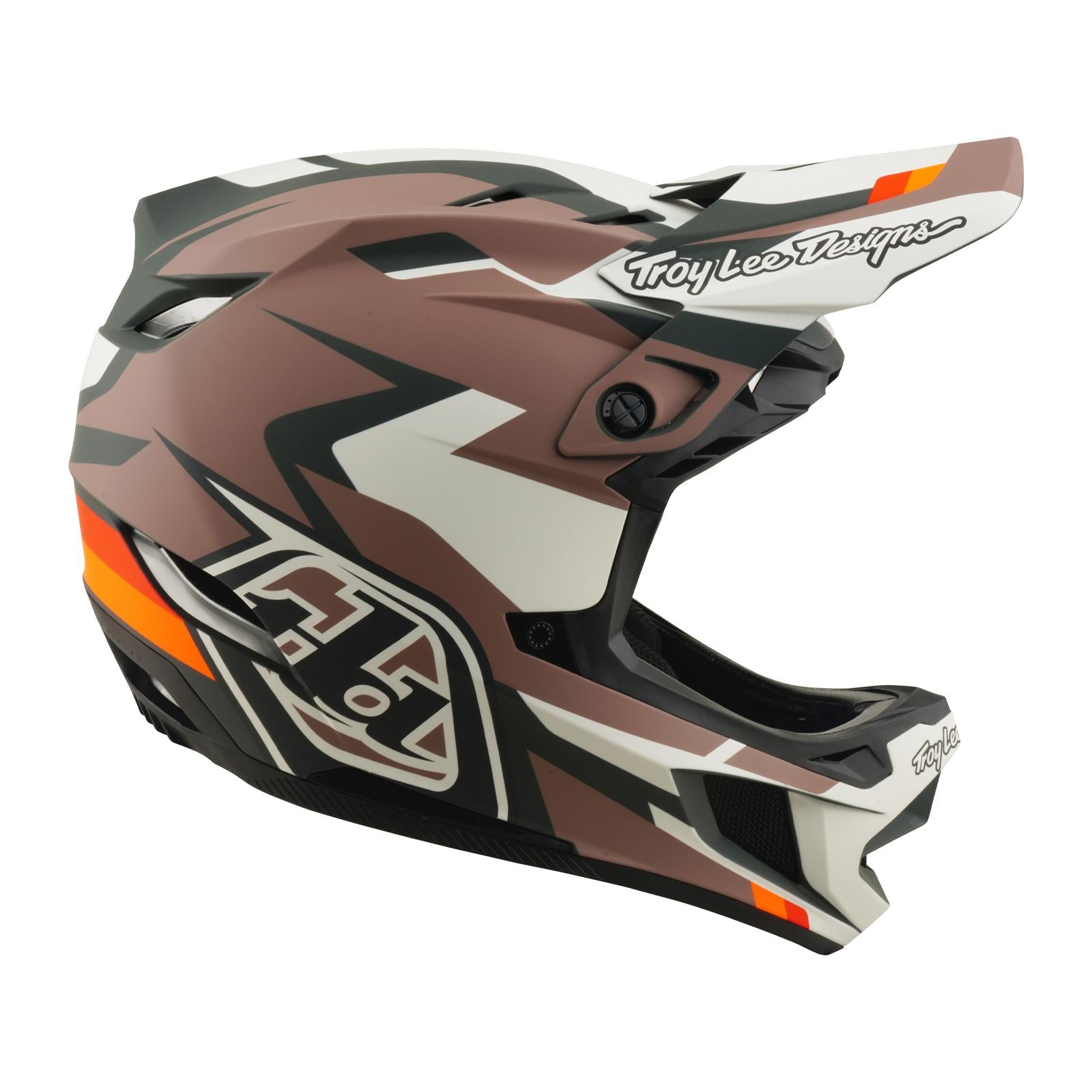 The TLD 26.1 D4 AS Polyacrylite Helmet / Roamer Clay is a full-face helmet for motocross or mountain biking, featuring a brown, white, black, and orange geometric design with the "Troy Lee Designs" logo and Mips brain protection.
