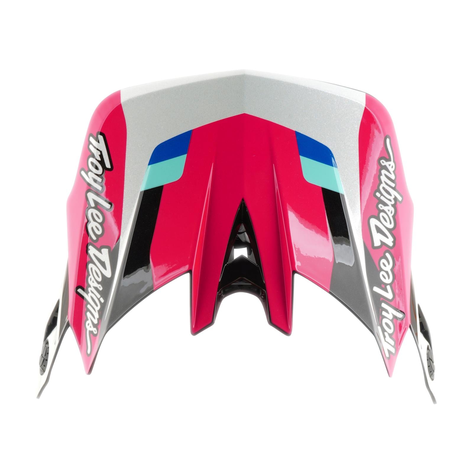 The TLD 26.1 D4 AS Polyacrylite Helmet / Roamer Magenta is a full-face helmet visor in red, black, and silver with "Troy Lee Designs" logos, geometric pattern, blue accents, and Mips brain protection for mountain biking safety.