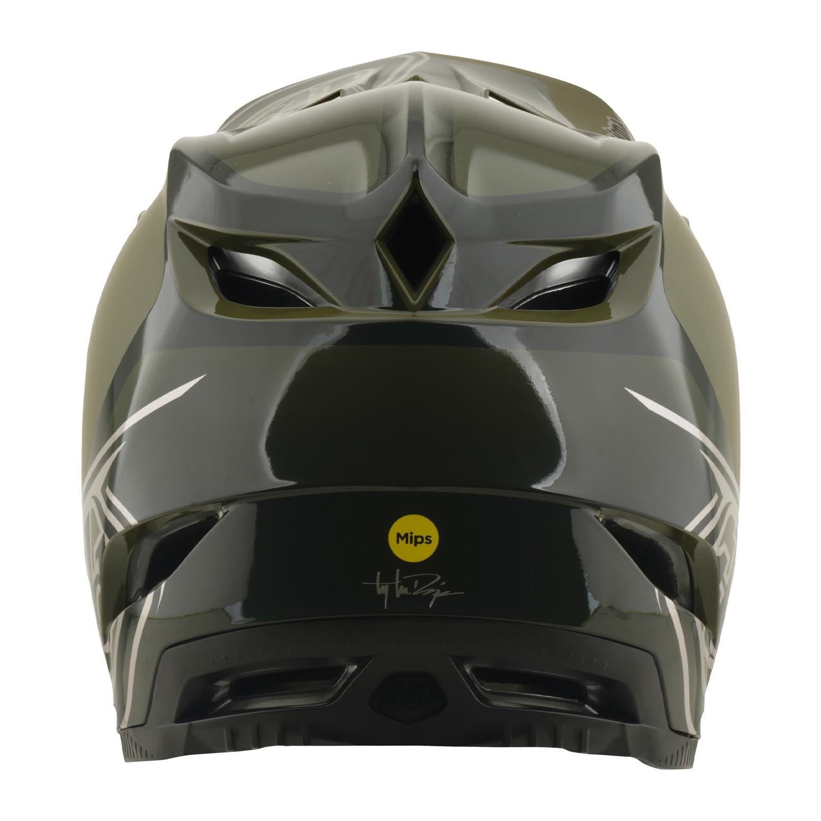 Rear view of the TLD 26.1 D4 AS Polyacrylite Helmet in Shadow Beetle, showcasing vent openings, white graphics, a Mips brain protection sticker, and a signature near the base.