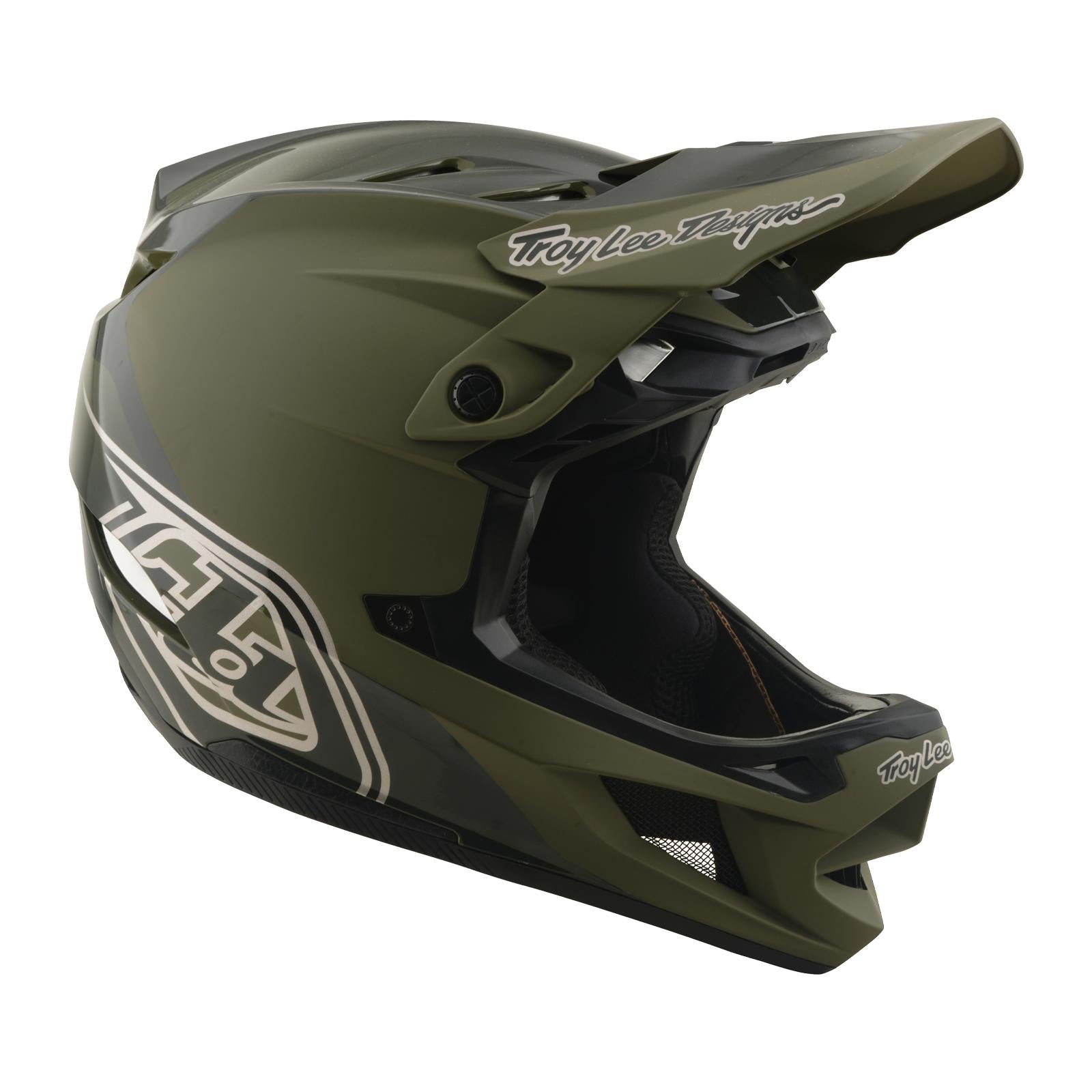 The TLD 26.1 D4 AS Polyacrylite Helmet / Shadow Beetle is a matte green full-face mountain biking helmet with black and white graphics, open face shield, "Troy Lee Designs" peak and chin branding, plus Mips brain protection.