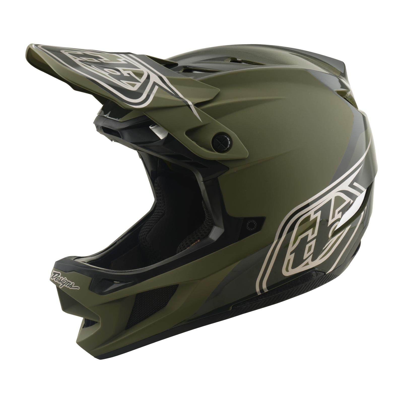 The TLD 26.1 D4 AS Polyacrylite Helmet / Shadow Beetle is a matte green full-face helmet with a visor, white graphics, and advanced Mips brain protection, designed for off-road and mountain biking—shown from the side.