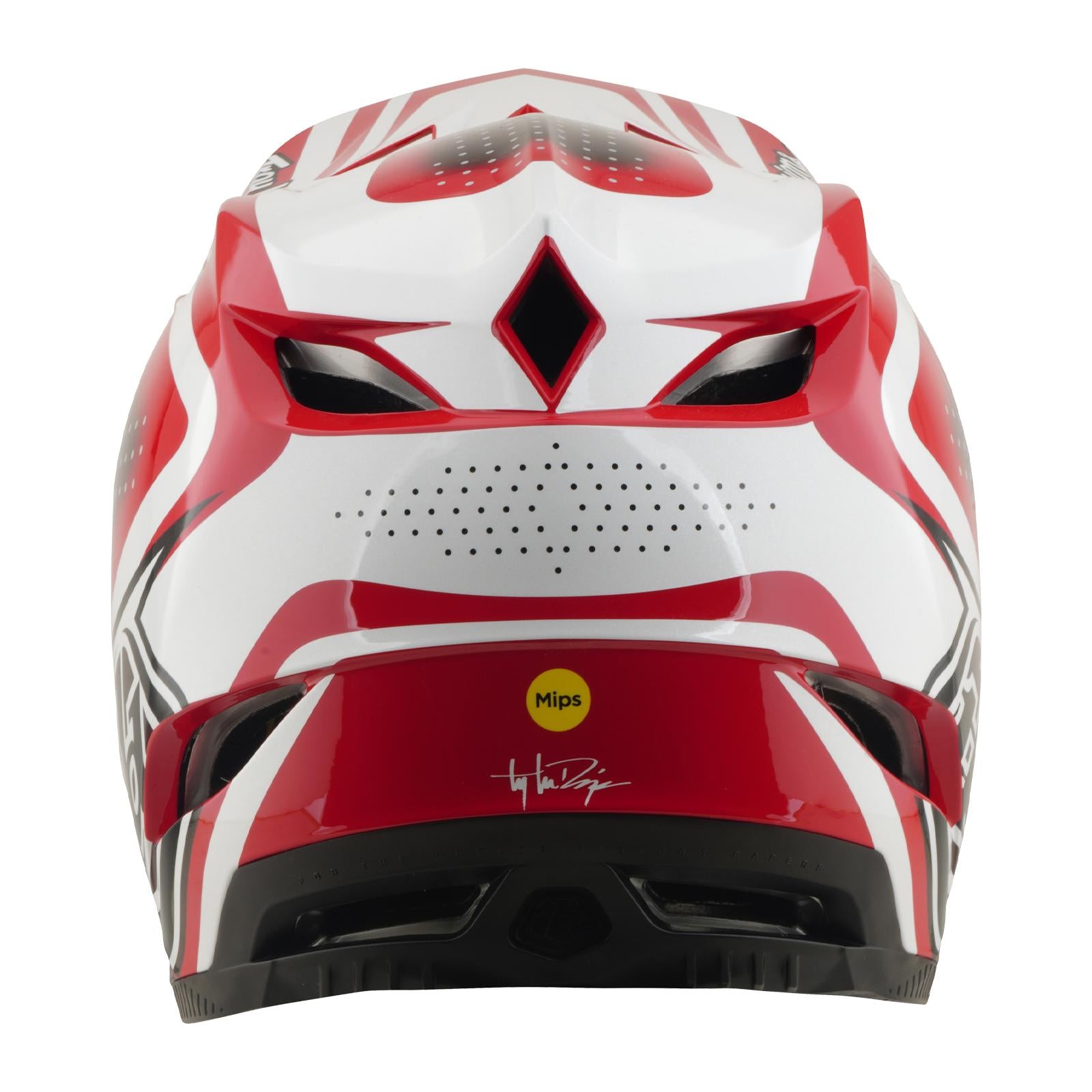 Rear view of the TLD 26.1 D4 AS Polyacrylite Helmet in The Line Fire/White, featuring ventilation holes, a yellow Mips brain protection sticker, and an autograph on the lower back—ideal for mountain biking.
