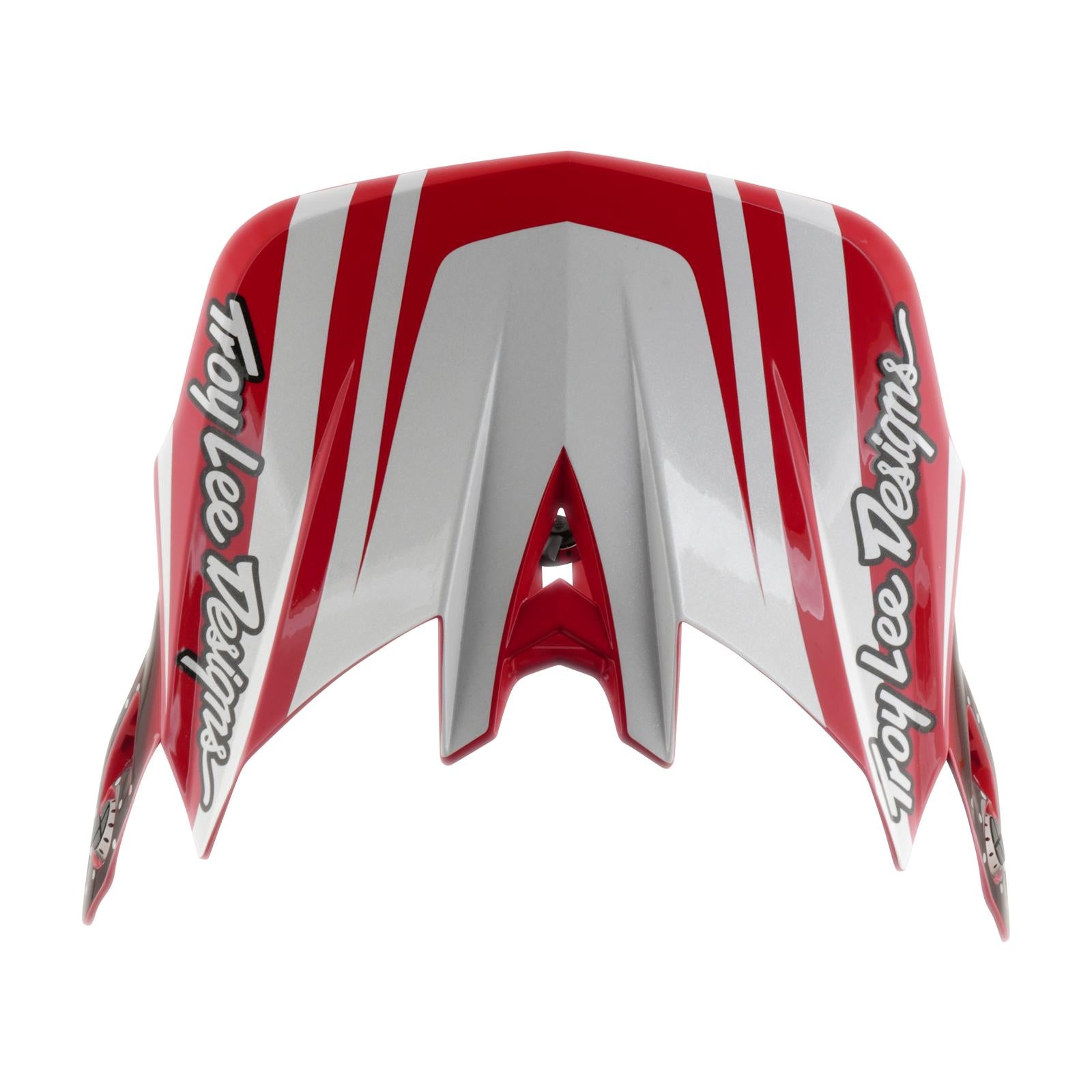 The TLD 26.1 D4 AS Polyacrylite Helmet in The Line Fire/White features red and gray colors, bold Troy Lee Designs logos, an angular aerodynamic full-face visor, mountain biking suitability, and Mips brain protection system compatibility.