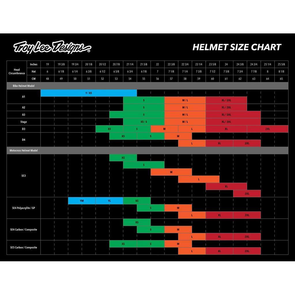 Troy Lee Designs TLD 26.2 D4 Composite Helmet / MIPS Burst Grey size chart displays head circumference measurements in centimeters and inches, with options for both full-face and mountain biking helmets. The chart covers various sizes and highlights advanced Mips protection for enhanced safety.