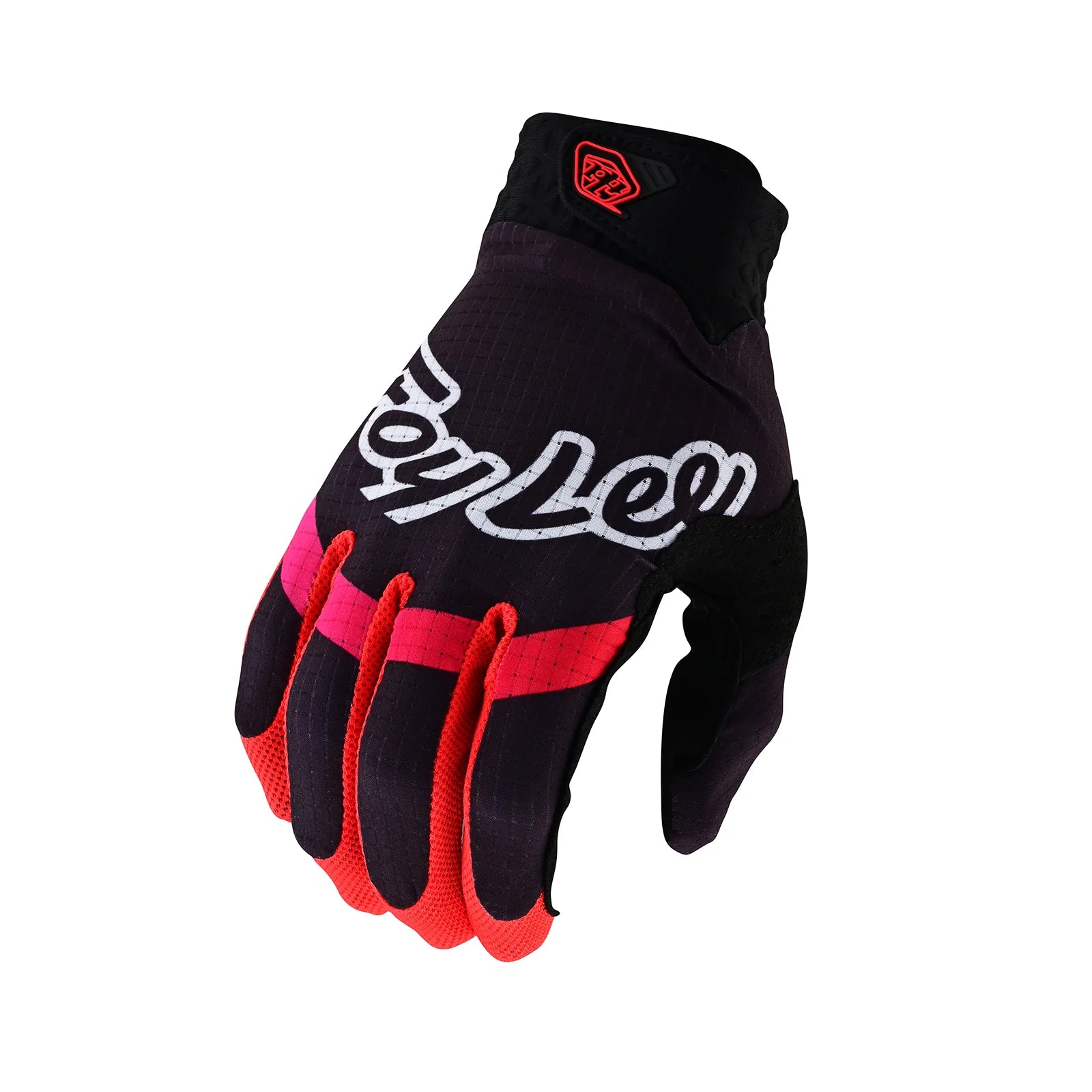 A single black and red TLD Air Glove Pinned Black with a single-layer perforated palm, isolated on a white background.