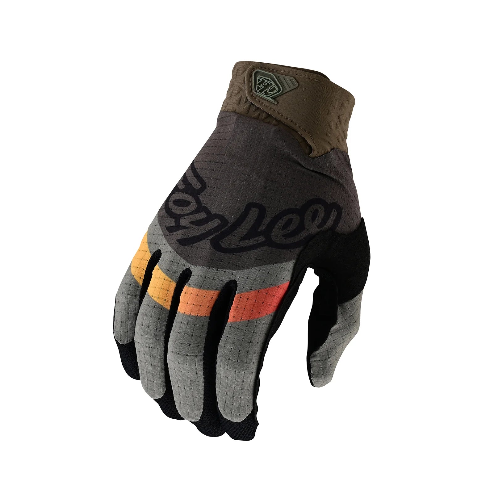 A single TLD Air Glove Pinned Olive with a colorful, striped design on the fingers offers breathability and a branded logo on the wrist strap.