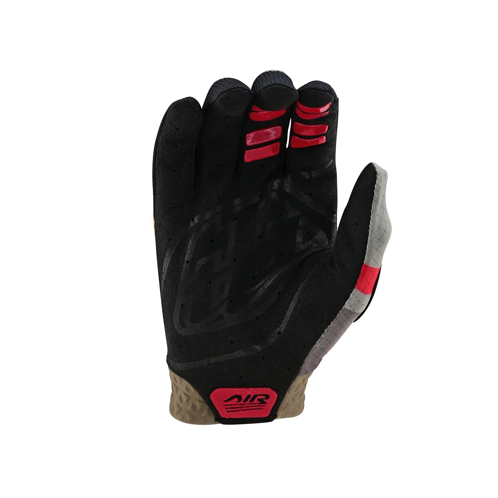A single black and red TLD Air Glove Pinned Olive with breathability, isolated on a white background.
