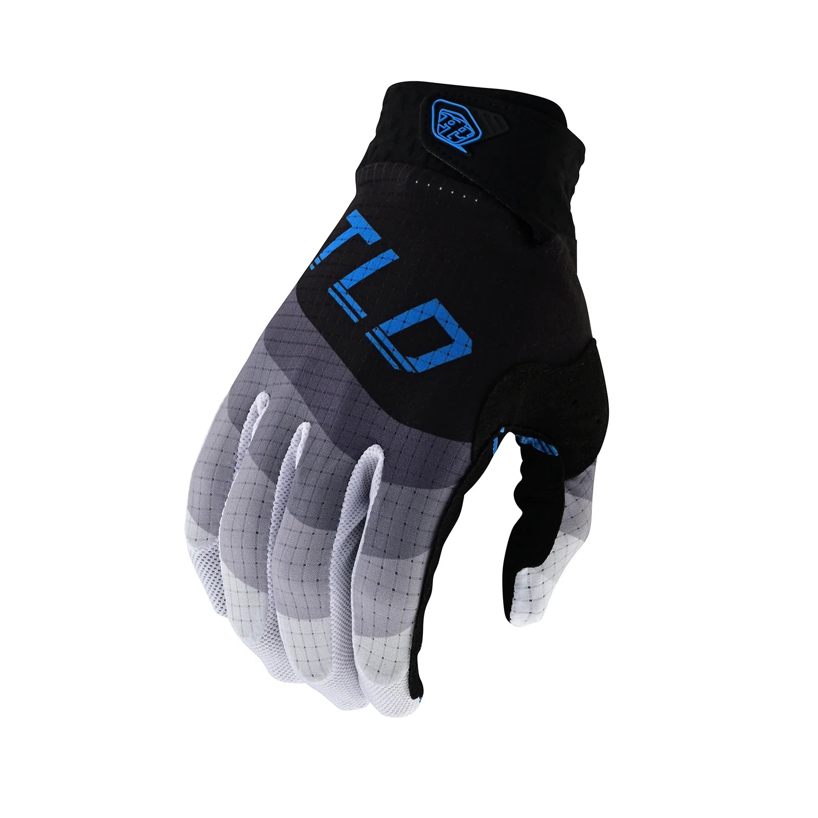 A black and blue full-finger lightweight TLD Air Glove Wavez Reverb Black/Blue designed for cycling or sports, featuring a single-layer perforated palm.