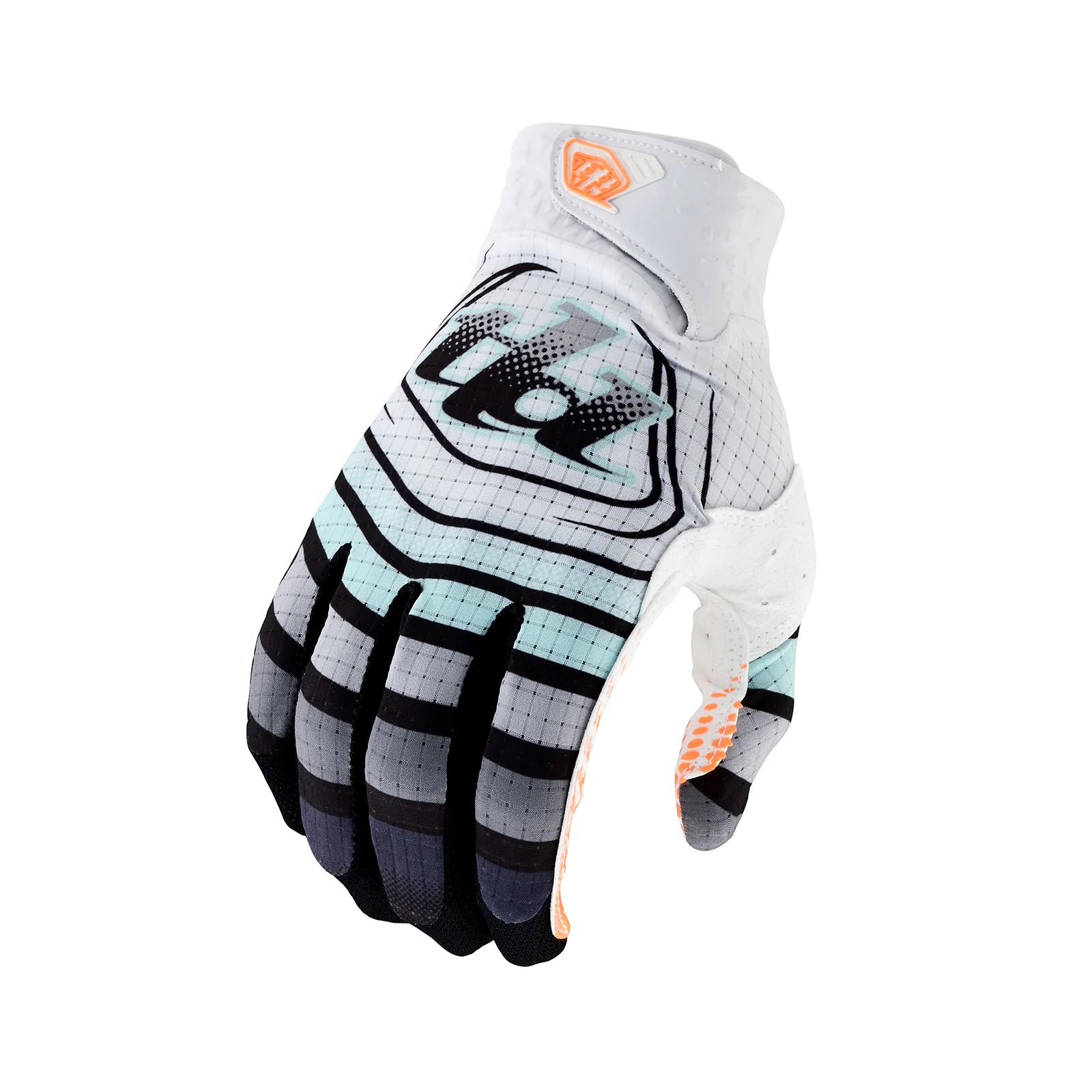 A single white TLD Air Glove Wavez Bleached/Aqua with a graphic design on the back and a compression-molded cuff.