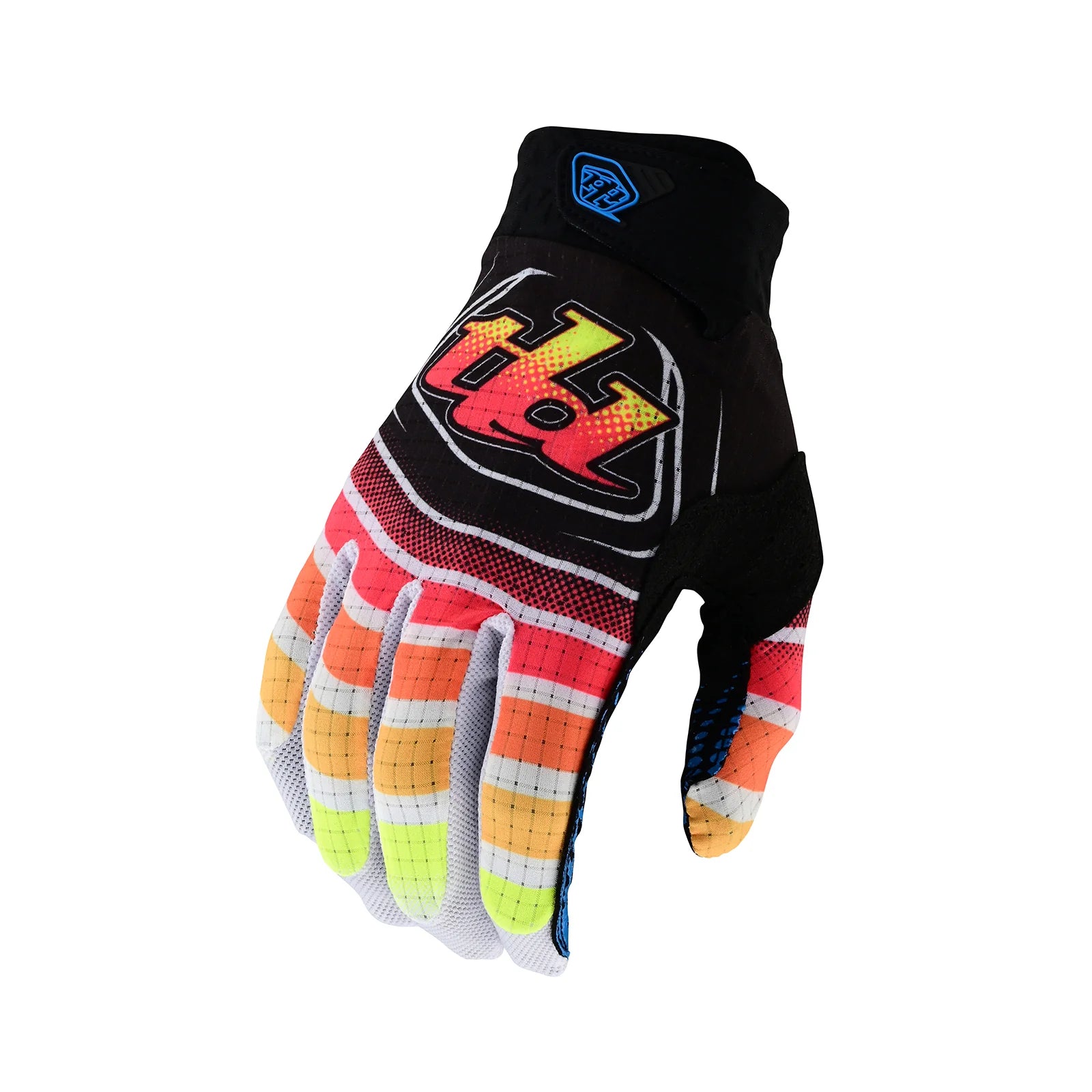 Colorful breathable TLD Air Glove Wavez Black/Multi isolated on a white background.