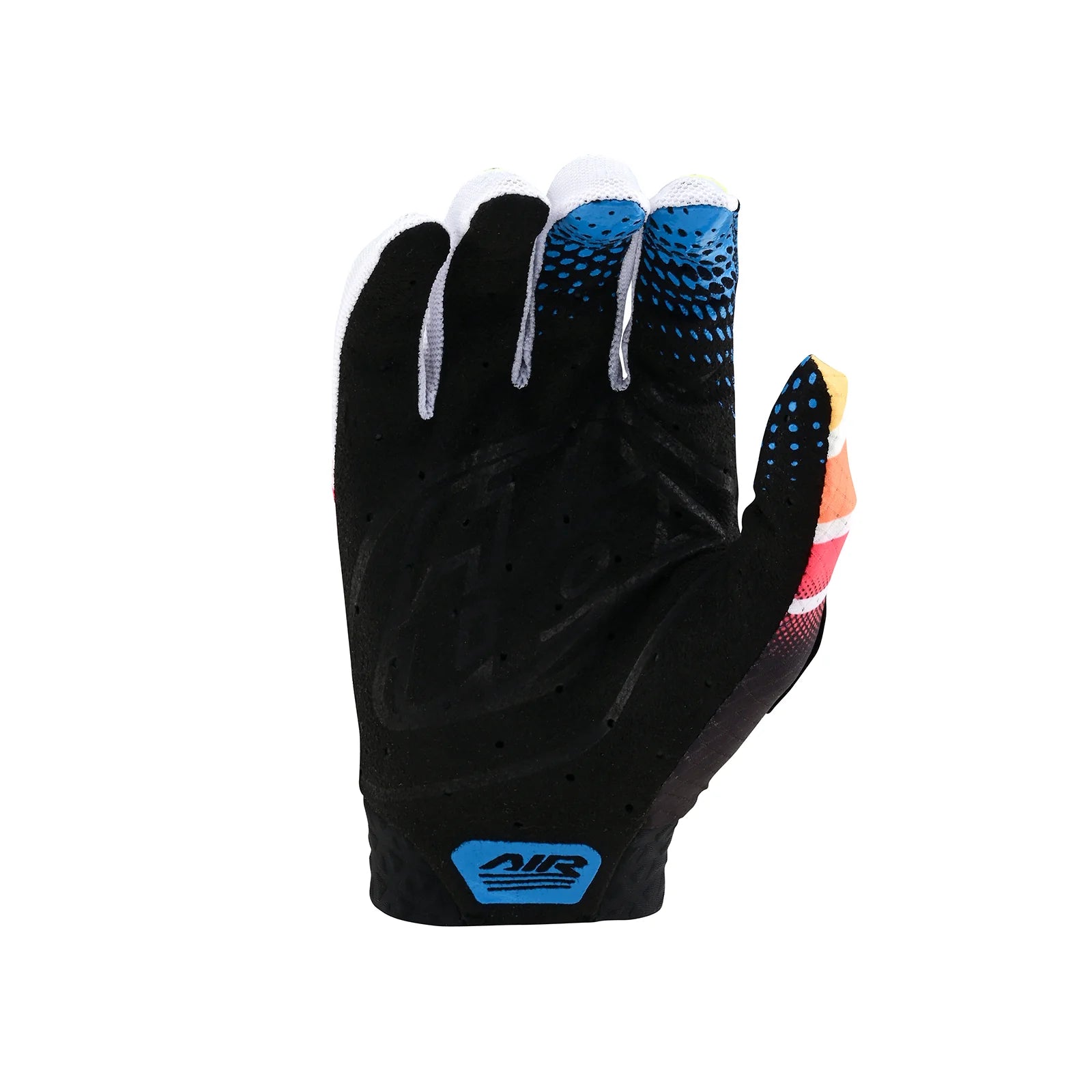 Troy Lee Designs TLD Air Glove Wavez Black/Multi, black and blue cycling glove with grip on the fingers and protective padding on the back of the hand.