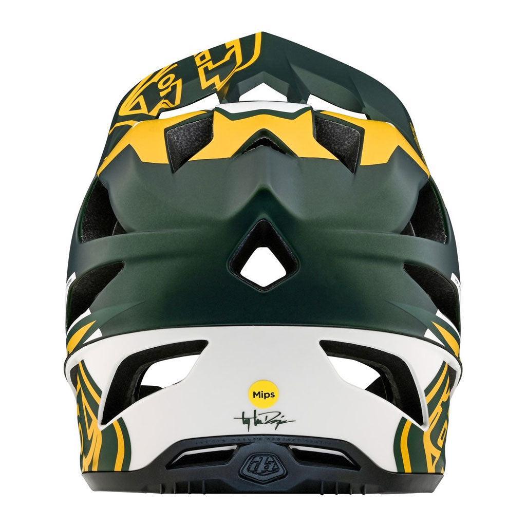 Rear view of the TLD 24.1 STAGE MIPS AS HELMET, a full-face mountain bike helmet in green, yellow, and white with a central triangular vent and Mips logo.