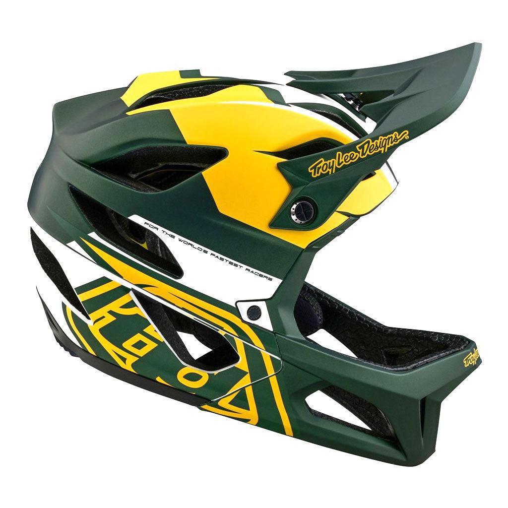 Yellow and green full-face "Troy Lee Designs" TLD 24.1 Stage MIPS mountain bike helmet with visor.
