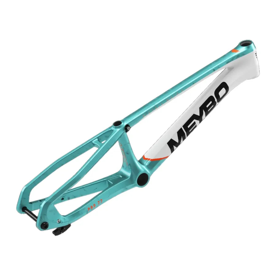 The Meybo 2026 Carbon HSX Pro L Frame is a turquoise and white BMX race frame featuring "MEYBO" on the side and "Pro 22" near the rear, inspired by HSX carbon engineering.