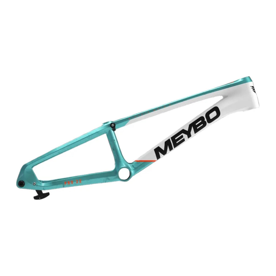 The Meybo 2026 Carbon HSX Expert XL Frame is a turquoise and white BMX race frame with black and red accents, shown on a plain white background.