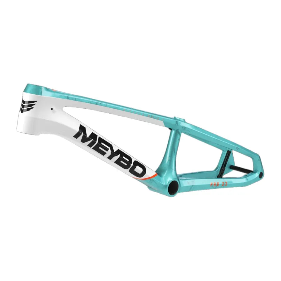 A Meybo 2026 Carbon HSX Expert Frame in turquoise and white is shown from the side, showcasing bold black and orange branding across the BMX race frame.