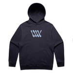 Introducing the LUXBMX Times Neue Hoodie Ink Blue—a heavyweight pullover fleece hooded sweatshirt in a sleek black shade, highlighted by a light blue abstract "MW" or "WW" logo on the front and a practical front kangaroo pocket. Displayed against a white background, this stylish hoodie is ideal for Bicycle Motocross enthusiasts who value both comfort and style.