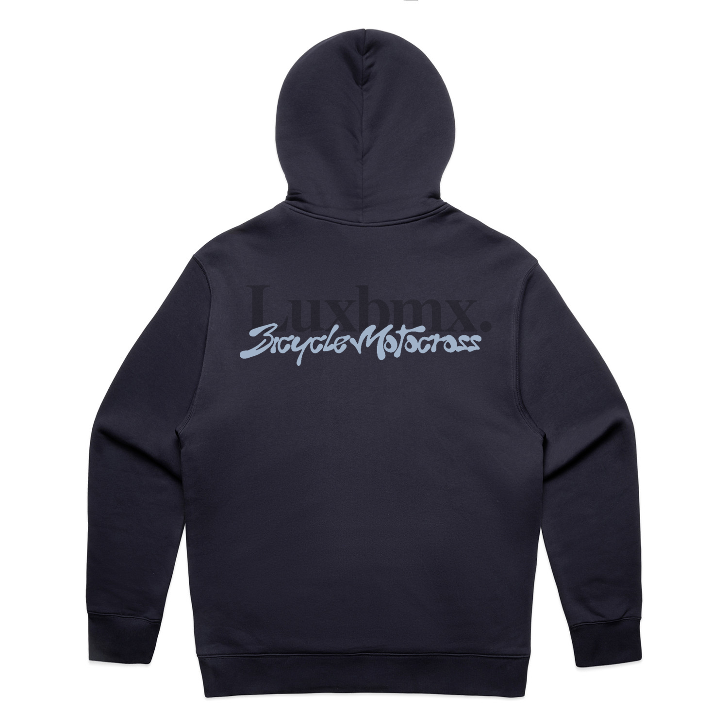 An ink blue LUXBMX Times Neue Hoodie lies flat, displaying the back with "Luxbmx" and "Bicycle Motocross" in large stylized lettering. This heavyweight pullover fleece is ideal for BMX enthusiasts seeking both comfort and style.