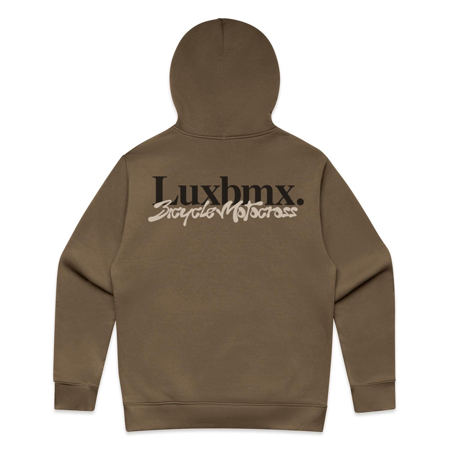 LUXBMX Times Neue Hoodie Walnut featuring "Luxbmx. Bicycle Motocross" printed in bold black and white on the back, crafted from heavyweight pullover fleece for ultimate comfort and durability.