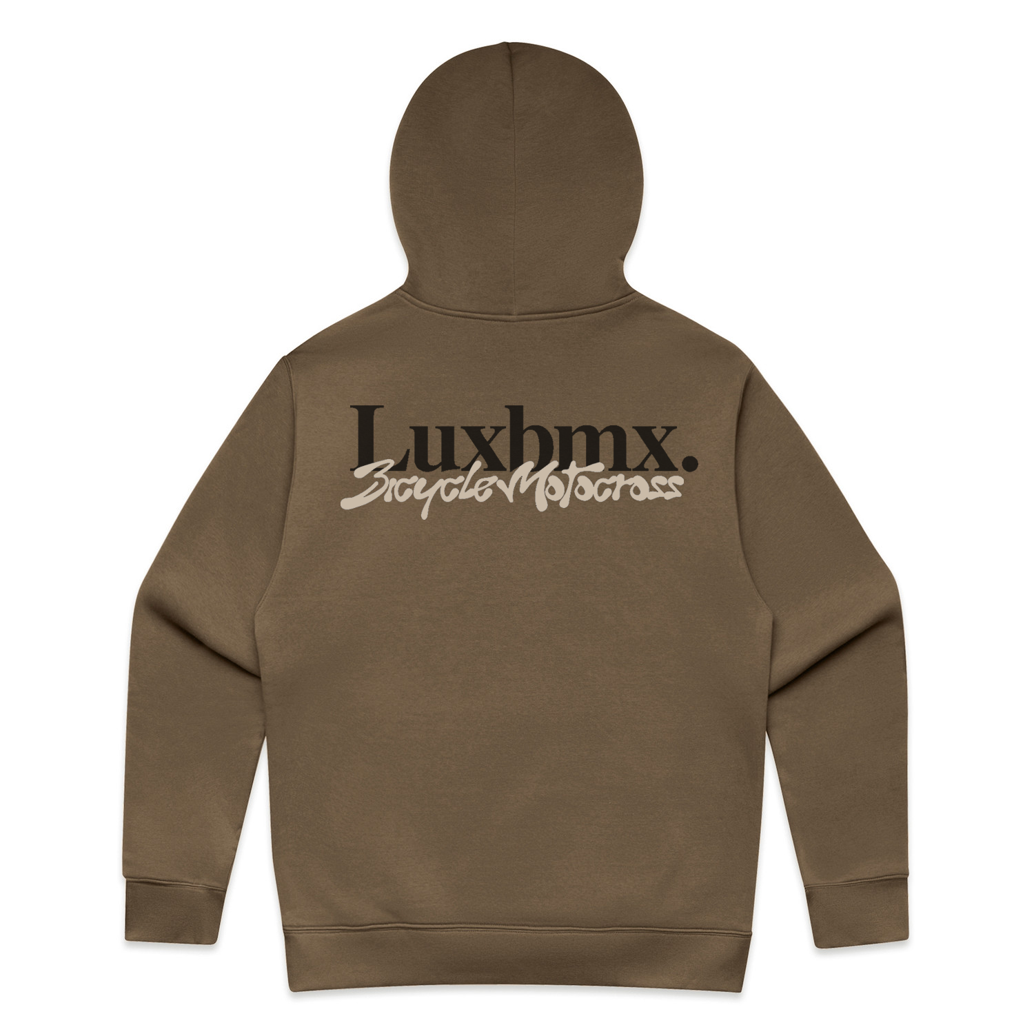 LUXBMX Times Neue Hoodie Walnut featuring "Luxbmx. Bicycle Motocross" printed in bold black and white on the back, crafted from heavyweight pullover fleece for ultimate comfort and durability.