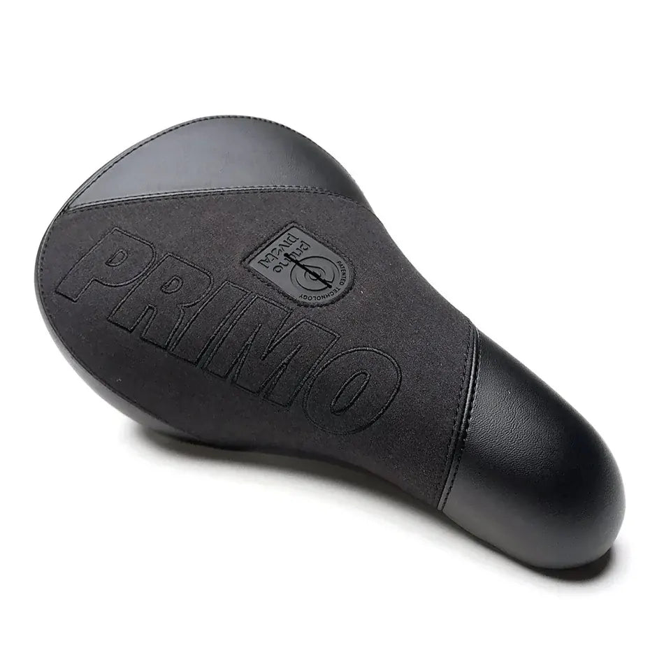 The Primo Breaker Pivotal Seat is a black fat BMX seat featuring “PRIMO” embossed across the top and a small logo patch with text near the rear edge. Designed for both style and comfort, this durable bike seat showcases a mix of smooth and textured finishes.