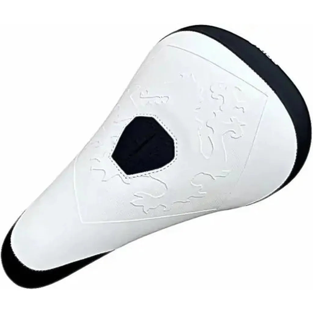 The Primo Balance Pivotal Seat features a white design with a black accent at the back and a subtle lion emblem embossed on top—a stylish pivotal seat perfect for street riding.