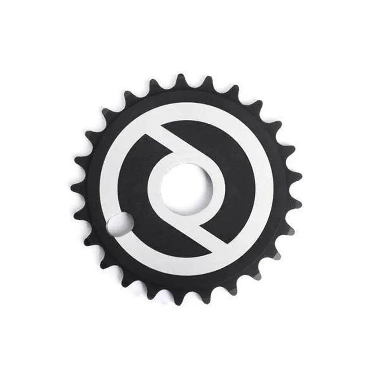 A black Primo Solid V2 Sprocket for BMX, CNC machined from durable aluminum and featuring a white, stylized circular graphic on its face, is centered against a plain white background.