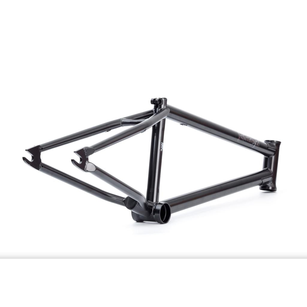The Kris Fox Thunderhoof Frame is shown in matte black with a triangular design, made from heat-treated chromoly, viewed from a low angle against a plain white background.