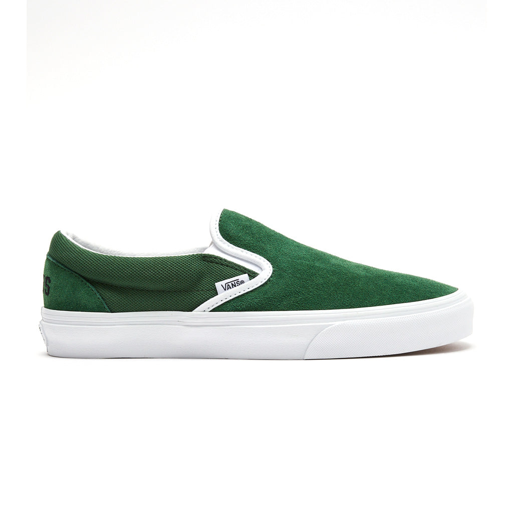 Vans Classic Slip-On Shoes in Vans Club Green/White suede with a LUXBMX BMX setup.