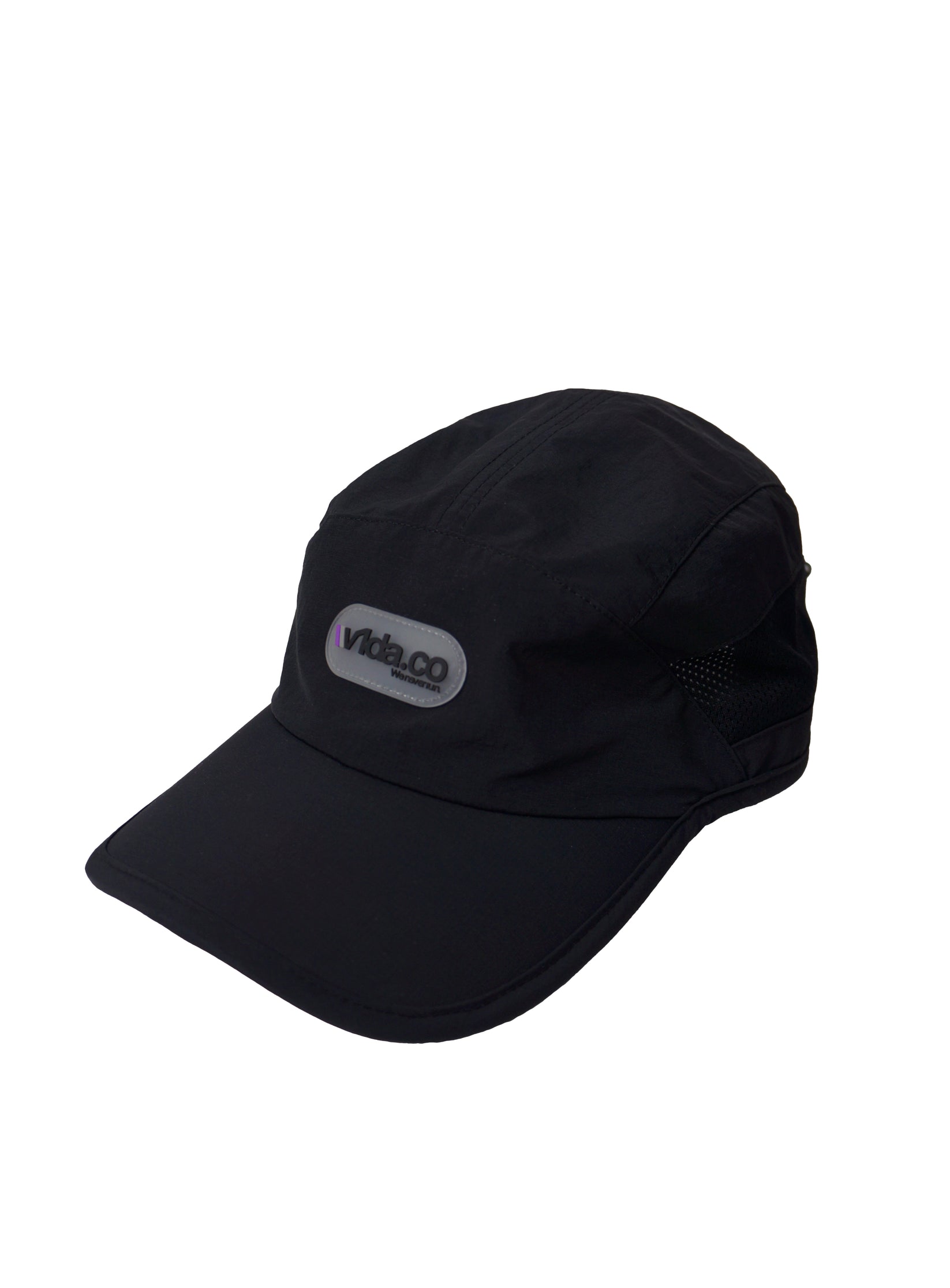 The V1da We Never Run Cap is a black nylon baseball cap with a curved brim, front "vindico" logo patch, and breathable panel for comfort.