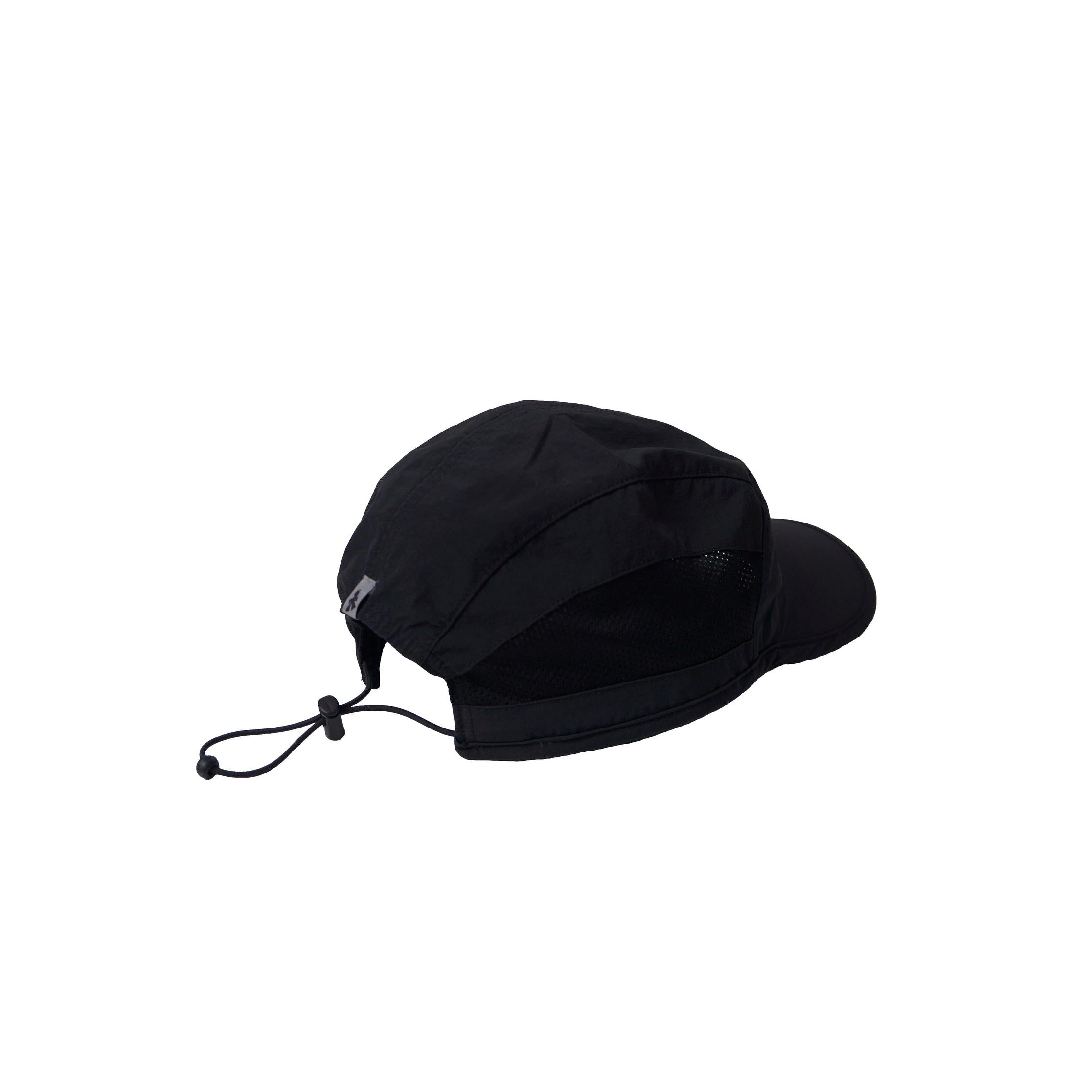 The V1da We Never Run Cap is a black cap featuring a curved brim, breathable nylon mesh side panels, and an adjustable elastic cord at the back.