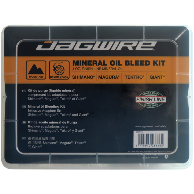 A packaged Jagwire Mineral Disc Brake Bleed Kit for hydraulic brakes compatible with multiple bike brands.