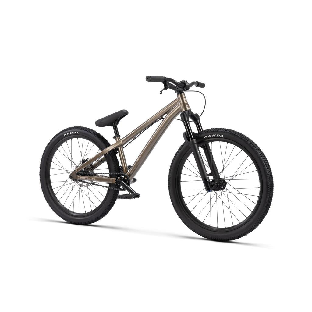 The Radio Griffin 24 Inch Dirt Jumper Bike features a metallic frame, front suspension fork, flat handlebars, single gear, and Kenda tires, shown against a white background.
