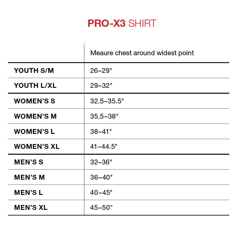 Size chart for the G-Form Youth Pro-X3 Shirt with SmartFlex padding, displaying chest measurements (in inches) for youth, women's, and men's sizes from 26 to 50 inches.