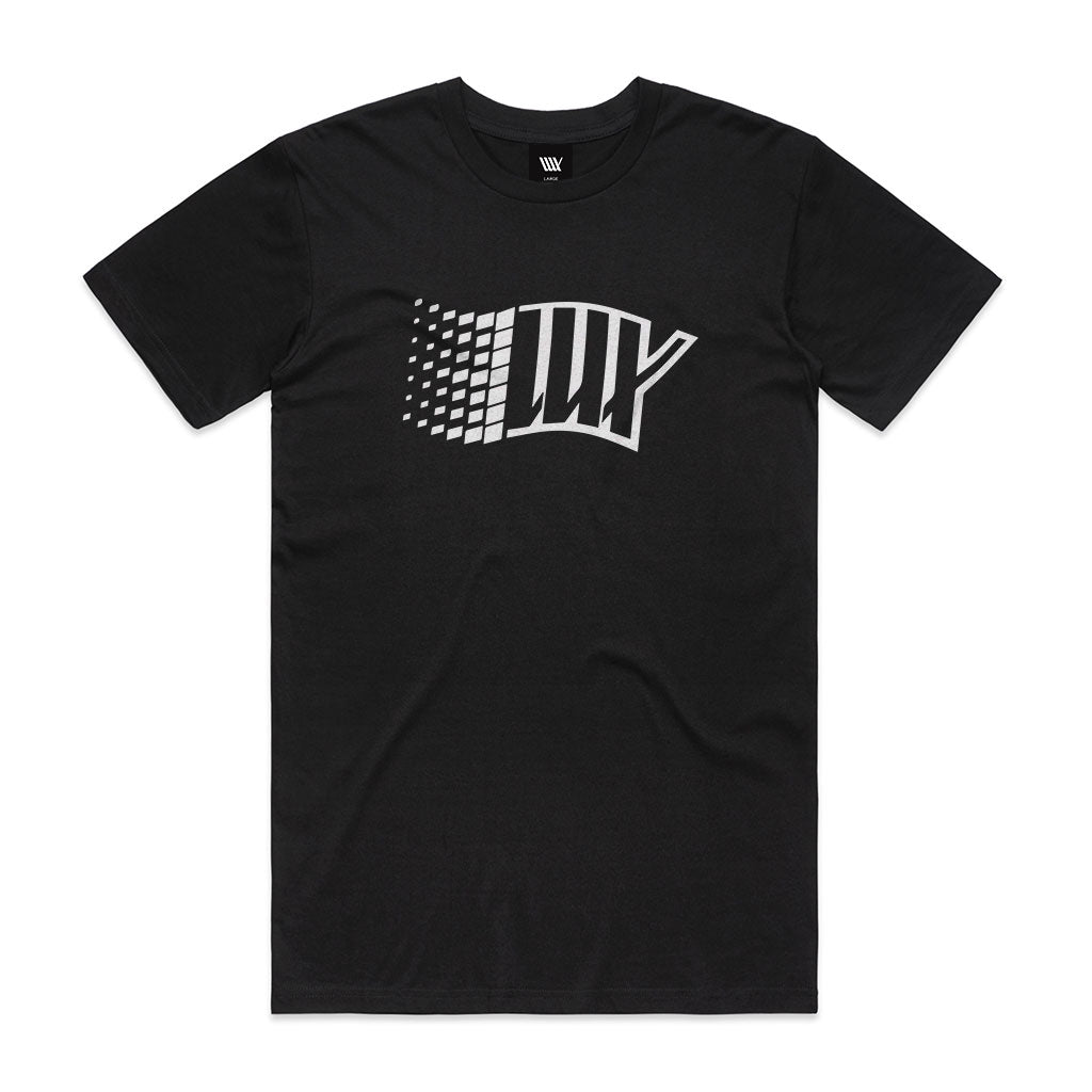 A black LUXBMX Y2K Tee with a white LUXBMX logo on it.